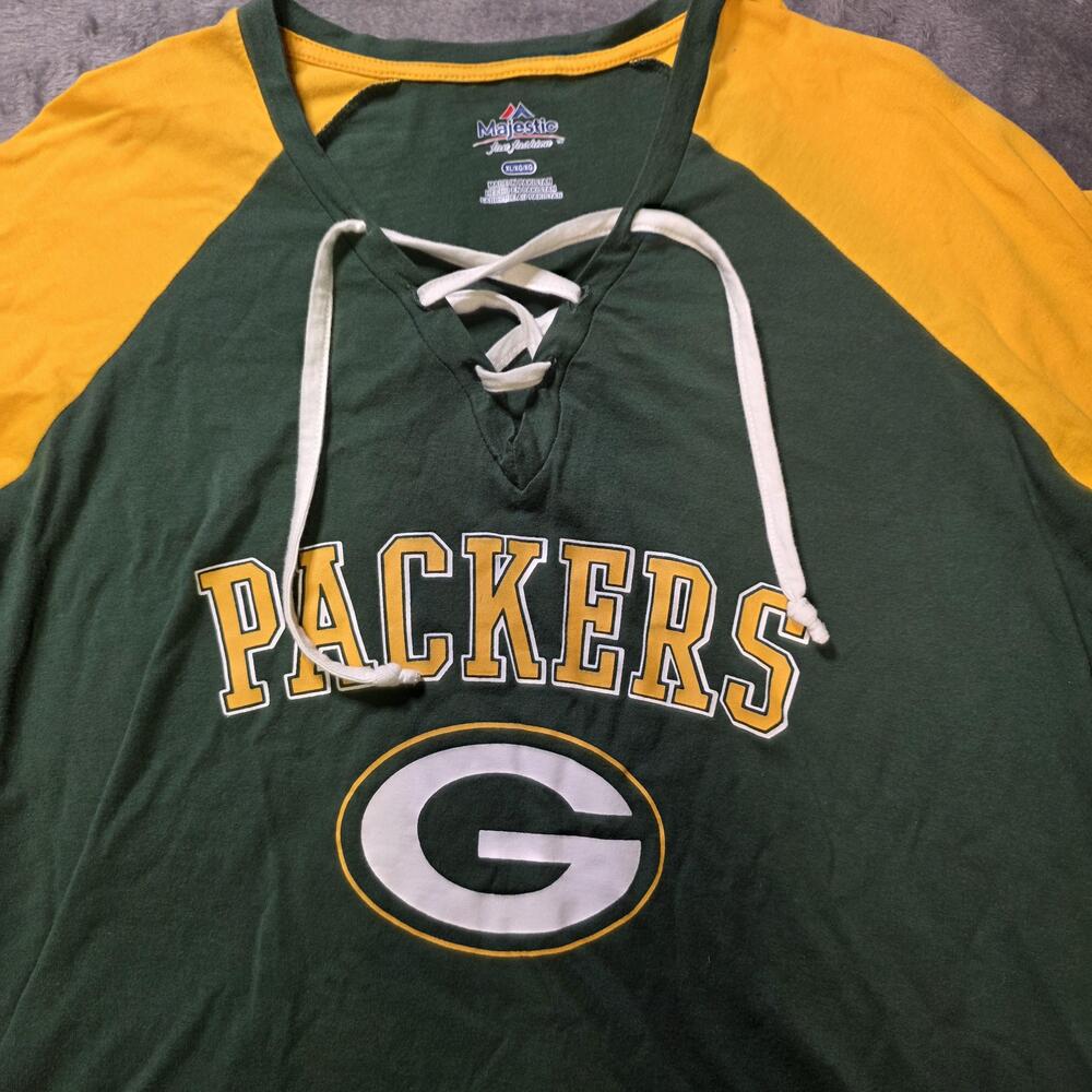 Green Bay Packers Shirt Womens Large Green Yellow NFL Football Lace Up Majestic